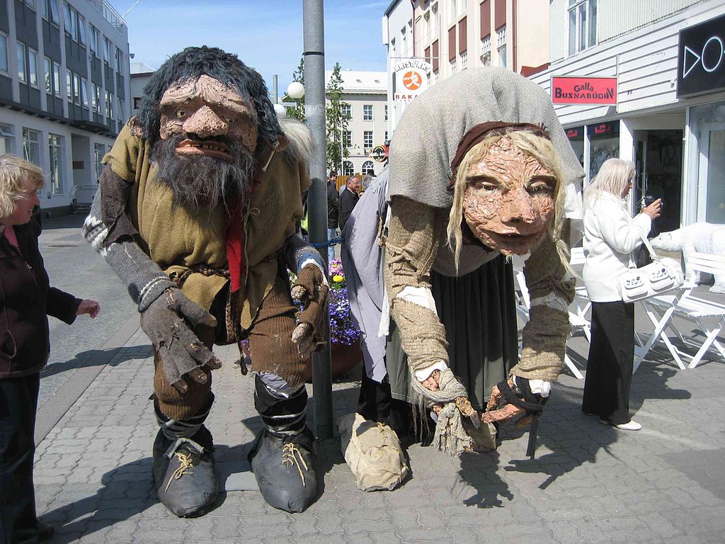 Figures of Grýla and her husband Leppalúði on the main street of Akureyri, Iceland