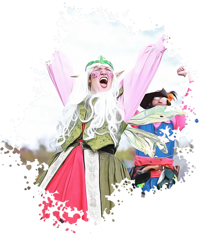 a woman in watermelon colors raises his arms in triumph.