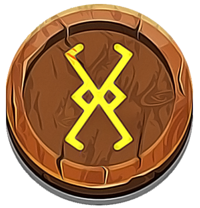 a yellow rune painted on a a wooden coin